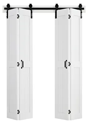 Zdjęcie produktu dla SucceBuy Składane drzwi przesuwne w stylu stodoły, 1524 x 2134 mm, z płyty MDF, z zestawem okuć, zajmującą mało miejsca konstrukcją ramową typu H oraz wstępnie zamontowanymi panelami; drzwi składane do sypialni i salonu w kolorze białym