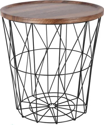Produktbild von Gitterkorb Beistelltisch aus Metall 39 cm - schwarz - Korbtisch mit Holz Optik Tischplatte in braun