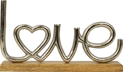 Produktbild von Moderner Schriftzug LOVE aus Metall auf Holzsockel Breite 26 cm Höhe 15 cm