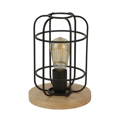 Produktbild von Tischlampe Metall E27 rund Ø 18 cm 24,5 cm Schwarz Natur Retro Design Frame Schirm Nachttischleuchte