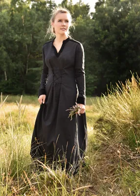 Produktbild von Battle-Merchant Mittelalterkleid Meira mit Samt-Details, schwarz Wikinger Gothic LARP Kleid Kostüm Größe: L