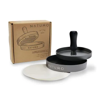 Produktbild von NATUMO Burgerpresse Set aus Hamburgerpresse und Burger Papier (50x Trennpapier), Burger Maker aus Aluguss (Ø 11cm, 200g), Profi Burger Pattie Presse mit Antihaftbeschichtung (Gunmetal)