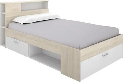 Produktbild von Bett mit Kopfteil, Stauraum und Schublade - 120 x 190 cm - Natur und weiß - LEANDRE