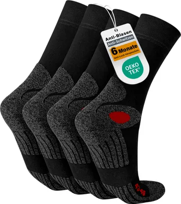 Produktbild von Celodoro 4 Paar Wandersocken, Arbeitssocken & Sportsocken (43-46, schwarz/rot) - verstärkte Uni Socken für Damen & Herren - atmungsaktive Anti-Schweiß Funktionssocken für Sport, Wandern, Arbeit