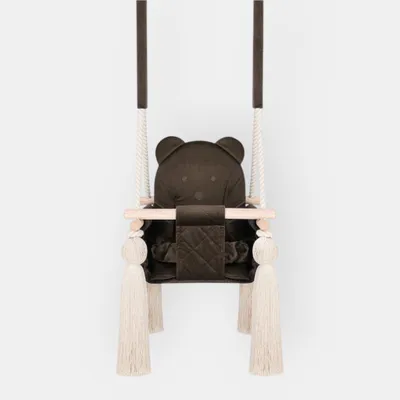 Produktbild von Indoor-Babyschaukel Braun aus Velvet – Mit Sicherheitsgurten, Teddybär-Design, Holzrahmen – Hergestellt in der EU