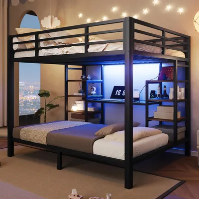 Obrázek produktu pro Dvoupatrová postel Flieks 90x200 cm / 140x200 cm se stolem a úložnými prostory, kovová dětská postel s LED osvětlením, postel pro mládež s USB a Type-C porty, černá barva