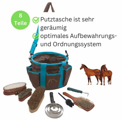 Produktbild von AMKA Putztasche 8 teiliges Set komplett mit 4 Bürsten, Hufpinsel, Hufkratzer und Eisenstriegel, Farbe:ROT