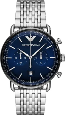 A close-up studio shot of a men's chronograph watch with a blue dial and silver metal band.