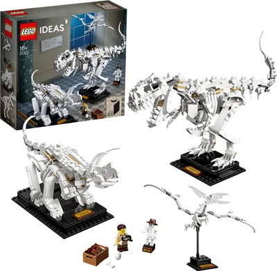 A collage of LEGO dinosaur skeleton models, including a Tyrannosaurus Rex, Triceratops, and Pterodactyl, along with the product box and minifigures.