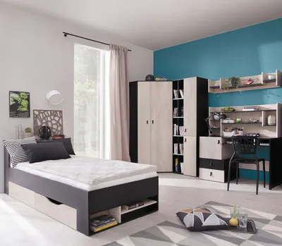 Produktbild von Jugendzimmer Set 6-teilig PITTSBURGH-133 mit Jugendbett 90x200 in schwarz mit Eiche und beige