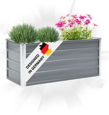 A grey metal raised garden bed filled with plants and flowers, with a banner indicating it is designed in Germany.