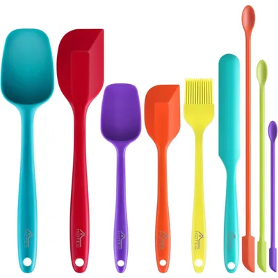 Produktbild von 9 Stück Silikon-Spatel Set, Küchenutensilien, hitzebeständig, Edelstahlkern, lebensmittelecht, spülmaschinenfest, mehrfarbig