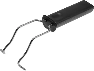 A black handle with two silver metal prongs attached, isolated on a white background.