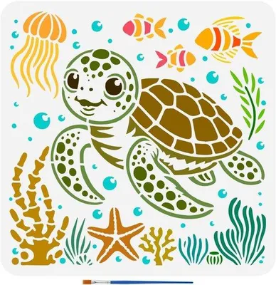 Produktbild von Unterwasserwelt-Schablonen mit Pinsel 30x30cm - Unterwasserwelt-Schablonen für Schildkröten, Fische und Seesterne, ideal für Malen und Basteln