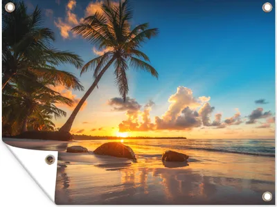 Produktbild von MuchoWow® 120x90 cm Outdoor-Poster Gartendeko Sichtschutz Garten Poster für den Garten  Strand - Meer - Palme - Sonnenuntergang