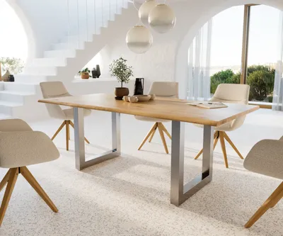 Produktbild von DELIFE Esstisch Edge 200x100x2,5-3 Eiche Natur Edelstahl breit Live-Edge