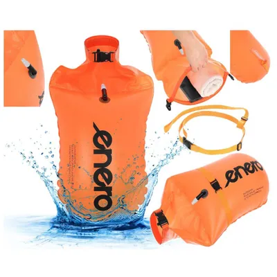 A collage of images showing an orange inflatable safety buoy for swimming, with some images showing it in water and one showing a towel being placed inside.