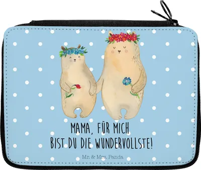 Produktbild von Mr. & Mrs. Panda Bleistiftetui Bären mit Blumenkranz - Blau Pastell - Geschenk, Family, Mama, Schreibmappe, Muttertag, Federtasche, Federmappe, Mäppchen, Kinder, Mutter