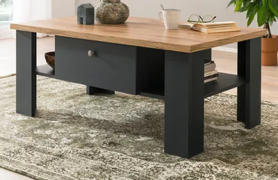 Produktbild von Couchtisch "Ribera" grau und Wotan Eiche Landhaus Wohnzimmertisch mit Soft-Close 110x70 cm