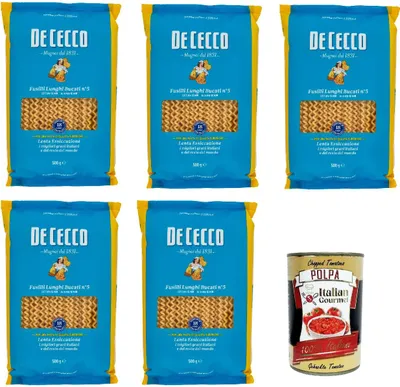 Produktbild von De Cecco Pasta Fusilli Lunghi Bucati n°5 100% Italienisch Nudeln 5x 500g + Italian Gourmet Polpa 400g