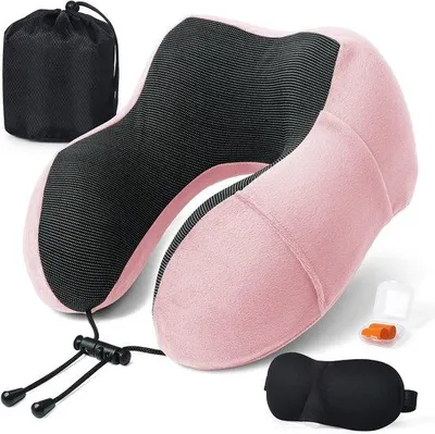 Produktbild von Ergonomisches Reisekissen - Flugzeug - Auto - Zug - Büro - Mit Ohrstöpseln - Augenmasken - Tragetasche