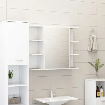 A white bathroom cabinet with a mirror and shelves, next to a sink.