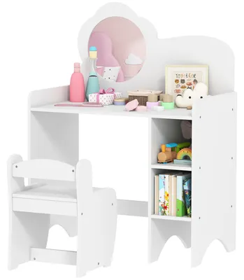 Produktbild von 2-in-1-Schminktisch fš¹r M?dchen mit Hocker, Spiegel und offenen Regalen, fš¹r Kinder ab 3 Jahren, wei?