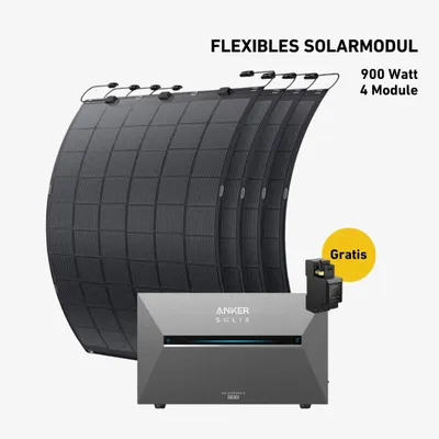 Produktbild von 900 Watt, Komplettset mit flexiblen Modulen, Balkonkraftwerk, Anker SOLIX Solarbank 3 E2700 Pro, 3 x BP2700 Zusatzbatterien