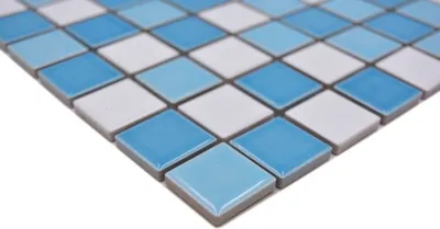 Produktbild von Handmuster Schwimmbadmosaik Mosaikfliese Keramik blau weiss glänzend Duschwand MOS18-0407_m