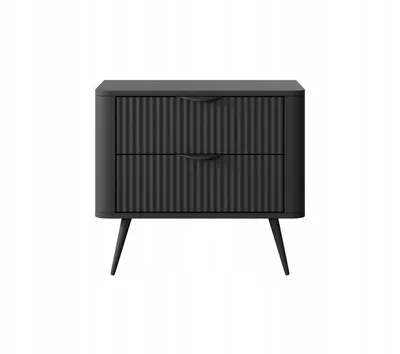 Produktbild von Nachttisch LANTE 60 cm – Schwarz, 2 Schubladen, gerillte Fronten, schwarze Beine und Griffe