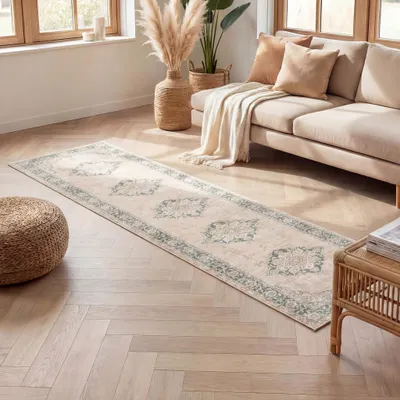 Image de Volero - Tapis de jeu berbère - Spring Medaillon Crème/Vert - 80x300 cm