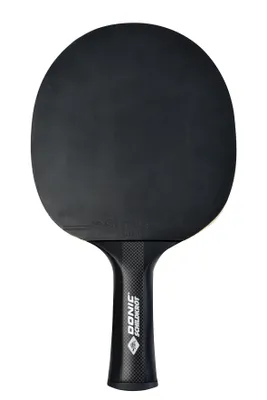 A black table tennis racket with a black handle is shown against a white background.