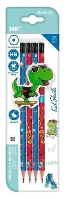 Zdjęcie produktu dla Ołówek sześciokątny HB z dodatk. gumką Dino 4szt