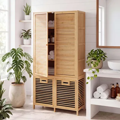 Produktbild von Bambus-Badezimmerschrank MCW-N83, Badregal Schrank, 2 Wäschekörbe 2 Türen MVG 68x82x34cm  natur, Korb anthrazit