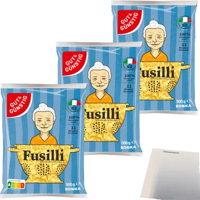 Produktbild von Gut & Günstig Nudeln Fusilli Pasta aus Italien 3er Pack (3x500g Beutel) + usy Block