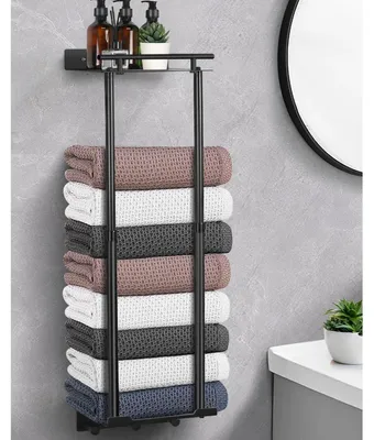 Zdjęcie produktu dla Ręcznikowniki rozsuwane, 41-72 cm, czarne, z półką i haczykami, montowane bez wiercenia