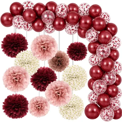 42 Latex-Confettiballons + 15 Papierpompons, Weinrot Bordeaux