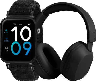 Immagine prodotto di Tikkers Smart Series 13 Set smartwatch e cuffie (nero/rosa - cinturino in tessuto con chiusura rapida) Nero taglia unica Tikkers