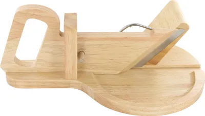 A wooden sausage slicer is shown against a white background.