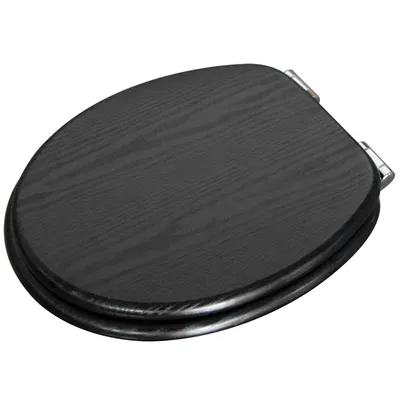 A black wooden toilet seat is shown from a slightly elevated angle against a white background.