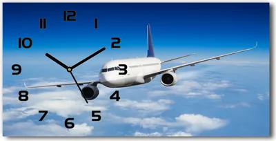 Produktbild von Wanduhr aus Glas – 60x30 cm - Glasbild - Glasuhr - Gehärtetes Glas - schwarze-zeiger - Flugzeug in der Luft