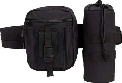A black waist bag with a water bottle holder attached to a belt.