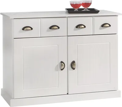 Produktbild von Kommode PARIS aus massiver Kiefer in weiß, schönes Sideboard mit 2 Türen, praktische Apothekerkommode mit 2 Schubladen, zeitlose Schubladenkommode mit Muschelgriffe