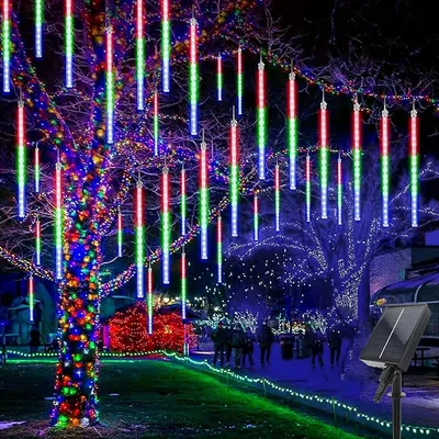 Produktbild von LED Solar Meteorschauer Lichterkette Wasserdicht Eiszapfen Meteor Regen Lichter Innen Außen Garten Party Hochzeit Weihnachten Deko, 30cm 192LEDs, Bunt