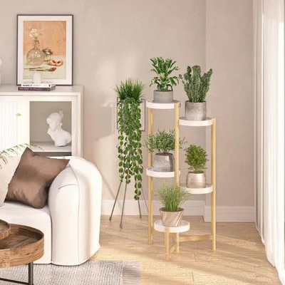 Obrázok produktu pre Regál na rastliny – 5-poschodový – bambusový – moderný, biely – stojan na kvetináče – pre záhradu, terasu alebo balkón