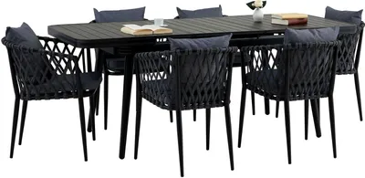 Produktbild von Gartenmöbel Set SUNNY mit 1 ausziehbaren Esstisch und 6 Stühlen, Esstisch Gestell aus Alu in schwarz, Seilbespannung der Stühle in grau, Essgruppe inkl. Sitzkissen, Terassenmöbel
