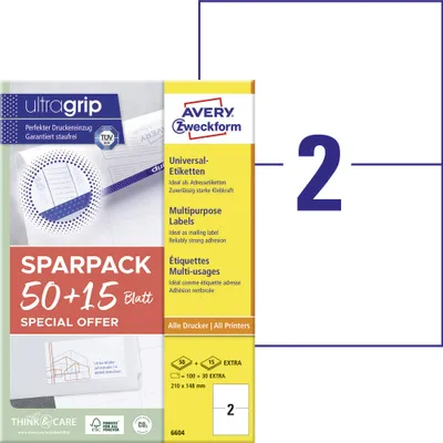 Produktbild von Avery Zweckform 6604 Universal-Etiketten, A4 mit ultragrip, 210 x 148 mm, 65 Bogen/130 Etiketten, weiß