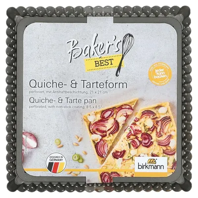 Produktbild von BIRKMANN Quiche- und Tarteform, L 21 x B 21 H 3 cm, quadrat, mit Hebeboden, perforierter Kohlenstoffstahl, mit Antihaftbeschichtung