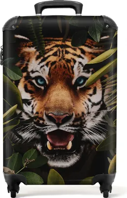 Produktbild von NoBoringSuitcases.com® Koffer Handgepäck Trolley Rollkoffer Kleine Reisekoffer mit 4 Rollen - Tiger - Blätter - Wildtiere - Dschungel - Natur - Cabin Size < 55x40x23 cm & 55x40x20 cm - Fotokoffer - Kabinenkoffer - BoardgepäckHandgepäck Koffer 55x35x20 cm, 36L,