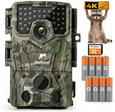 Image de Caméra de surveillance de la faune Usogood 4K, caméra 48 MP Full HD avec détecteur de mouvement, vision nocturne, temps de déclenchement de 0,3 s, caméra infrarouge avec carte de 32 Go